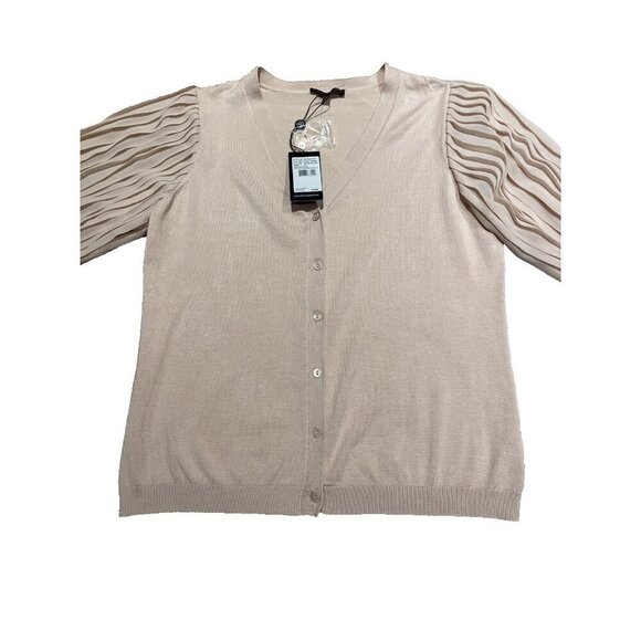 Adrianna Papell Cardigan Sweater Sheer Pleated Sleeves Pearl Blush Sz M Romantic - Picture 7 of 13